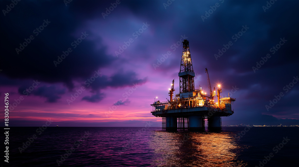 Fototapeta premium Brightly illuminated offshore platform structure against deep purple twilight atmosphere dusk energy operations with artificial lighting industrial facility illumination at