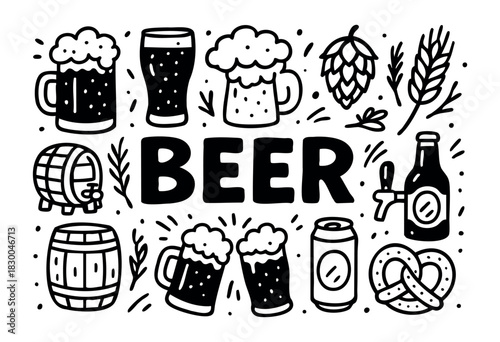 Beer doodle icons — mug, bottle, can, hop, and barrel — stock vector.