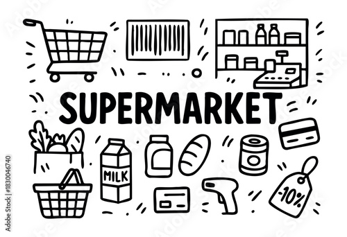 Supermarket doodle icons — shopping cart, basket, milk, and barcode — stock vector.