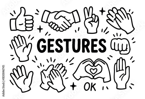 Hand gestures doodle icons — thumbs up, handshake, peace, and ok sign — stock vector.