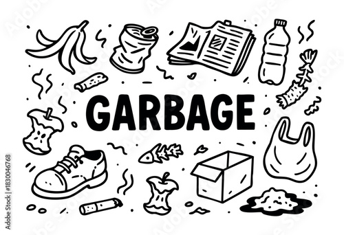 Garbage doodle icons — trash, waste, bottle, and apple core — stock vector.