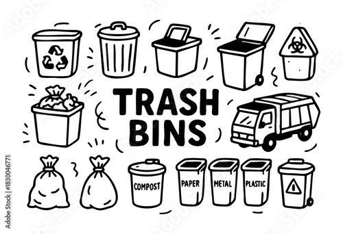 Trash bin doodle icons — recycling, garbage can, and dumpster — stock vector.