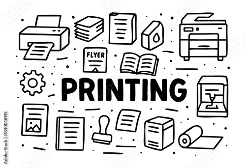 Printing doodle icons — printer, ink, paper, and 3D printing — stock vector.