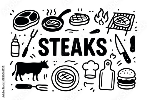 Steak doodle icons — grill, pan, beef, and burger — stock vector.