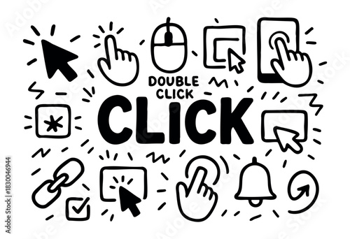 Click doodle icons — cursor, hand, mouse, and tap gesture — stock vector.