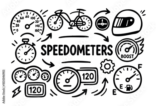 Speedometer doodle icons — gauge, helmet, and arrows — stock vector.