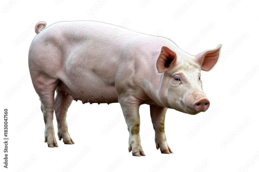 Fototapeta premium A full-body shot of a light pink domestic pig standing, showcasing its robust form, curly tail, and prominent ears against a transparent background. background removed