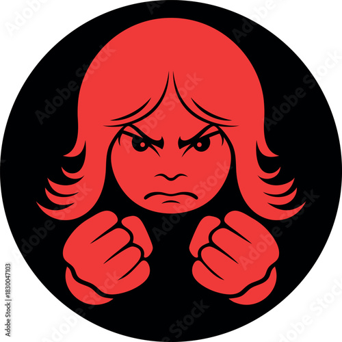Angry girl in rage simple icon. Vector emblem of furious expression.