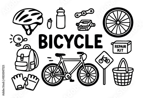 Bicycle doodle icons — helmet, gloves, repair kit, and road sign — stock vector.