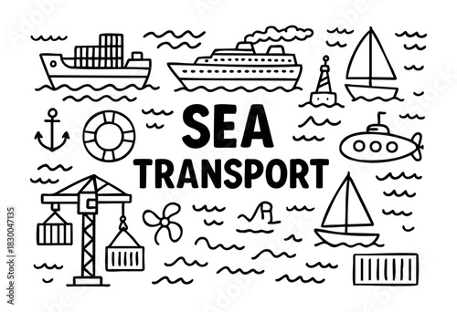 Sea transport doodle icons — ship, anchor, and submarine — stock vector.
