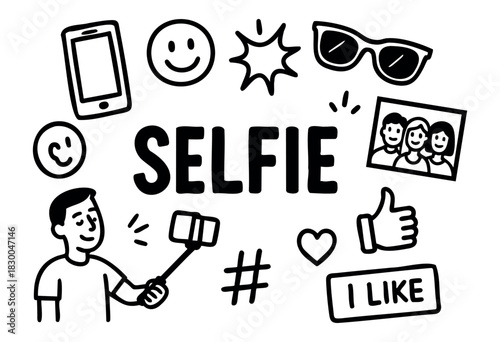 Selfie doodle icons — smartphone, smiley, sunglasses, and camera stick — stock vector.