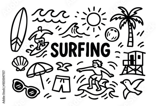 Surfing doodle icons — surfer, waves, sun, and palm tree — stock vector.