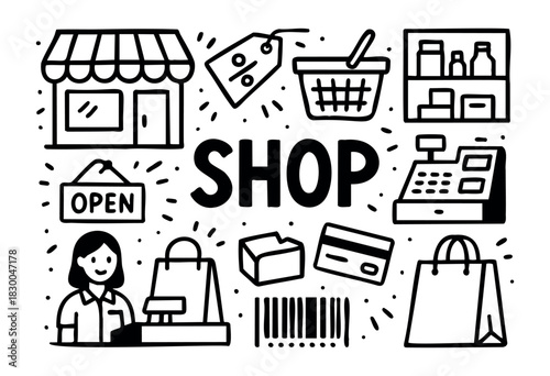 Shop doodle icons — store, basket, barcode, and cash register — stock vector.