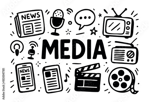 Media doodle icons — newspaper, radio, podcast, and TV — stock vector.
