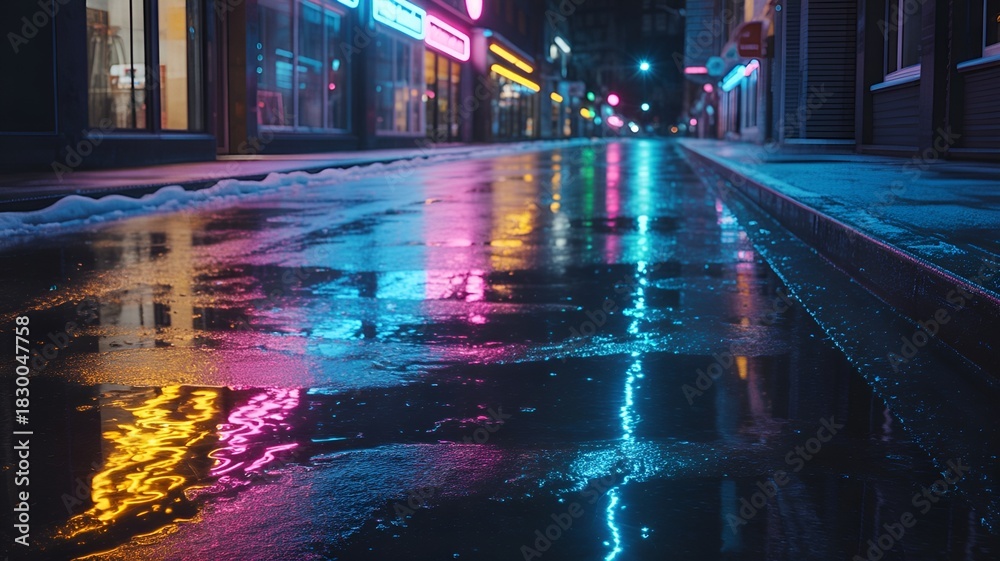 Obraz premium Vibrant neon lights reflecting on a wet street at night.