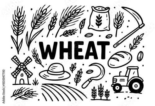 Minimalist wheat and agriculture doodle icons — ears of wheat, tractor, and windmill — stock vector.