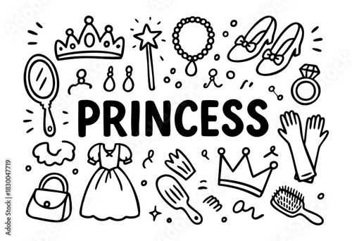 Girly princess doodle icons — crown, dress, and magic wand — stock vector.