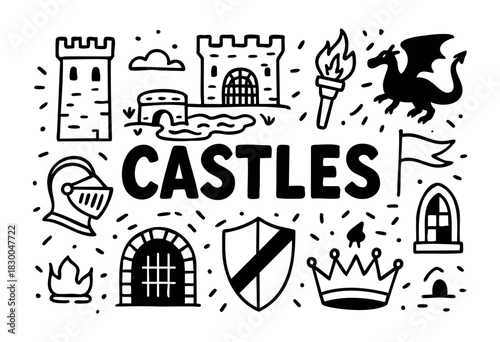 Medieval castle doodle icons — towers, knight helmet, and dragon — stock vector.