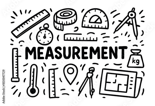 Measurement and geometry doodle icons — ruler, scale, and compass — stock vector.