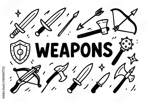 Minimalist medieval and cold weapons icons — sword, axe, and bow — stock vector.