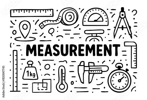 Measurement and geometry doodle icons — ruler, scale, and compass — stock vector.