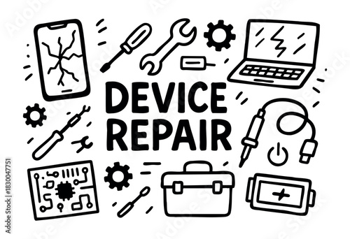 Electronic repair doodle icons — tools, laptop, and soldering iron — stock vector.
