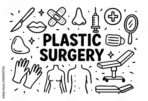 Cosmetic surgery doodle icons — syringe, gloves, and mirror — stock vector.