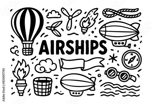 Retro airship doodle icons — balloon, zeppelin, and compass — stock vector.