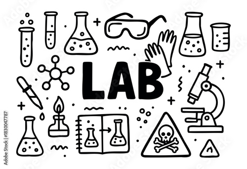 Chemical lab doodle icons — flasks, test tubes, and microscope — stock vector.
