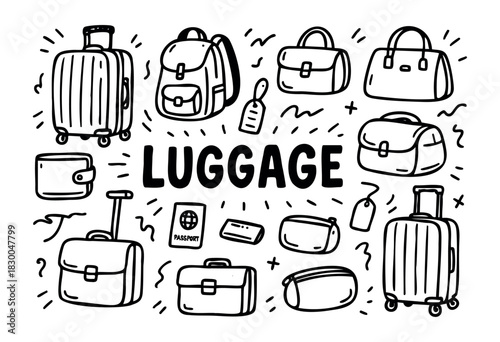 Travel luggage doodle icons — suitcases, backpacks, and passport — stock vector.