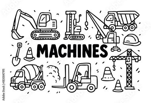 Construction machines doodle icons — excavator, dump truck, crane, concrete mixer — stock vector.