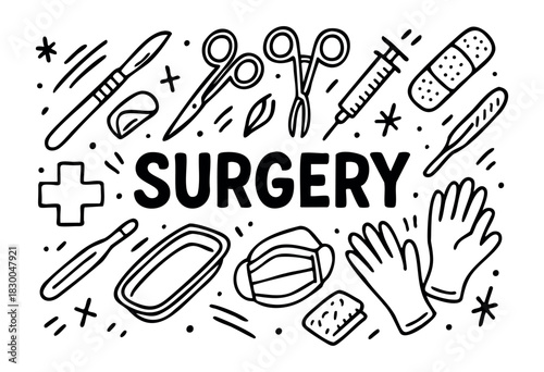 Surgical instruments and medical doodle icons — scalpel, scissors, syringe, mask — stock vector.