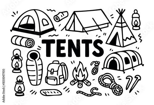 Camping and outdoor adventure doodle icons — tent, sleeping bag, campfire, backpack — stock vector.