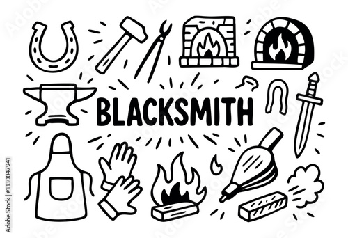Blacksmith and forging doodle icons — anvil, hammer, forge, horseshoe — stock vector.