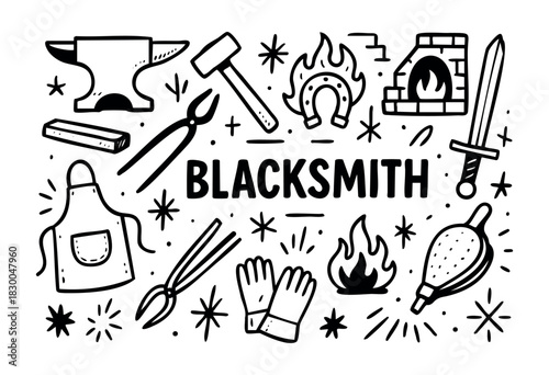 Blacksmith and forging doodle icons — anvil, hammer, forge, horseshoe — stock vector.