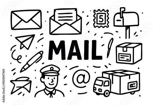 Mail and postal service doodle icons — envelope, letter, mailbox, package — stock vector.