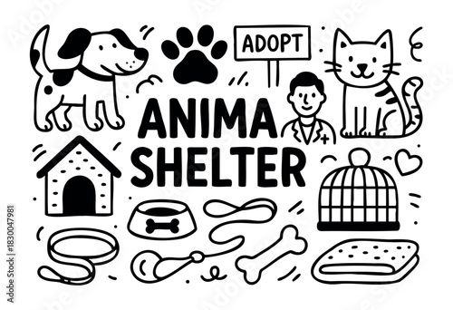Animal shelter and pet adoption doodle icons — dog, cat, vet, kennel — stock vector.