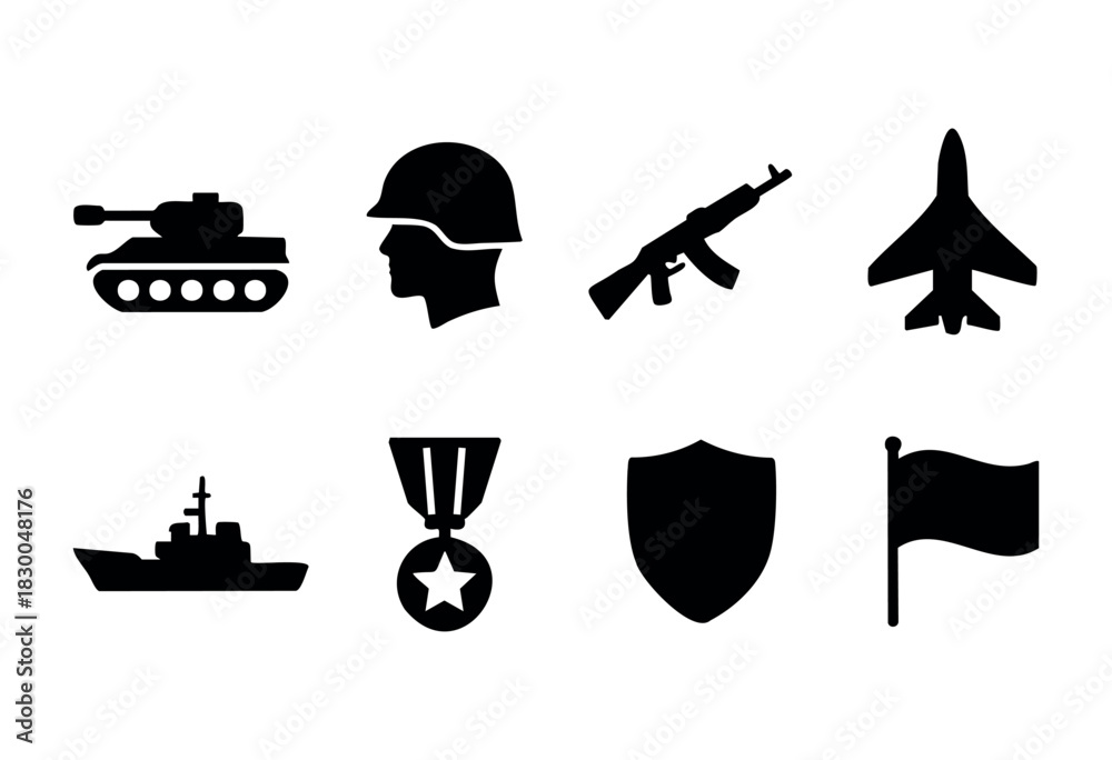 Fototapeta premium Military and army solid icons — tank, soldier, fighter jet, warship, medal — stock vector.