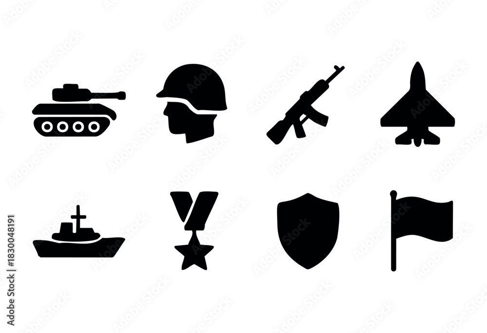 Fototapeta premium Military and army solid icons — tank, soldier, fighter jet, warship, medal — stock vector.