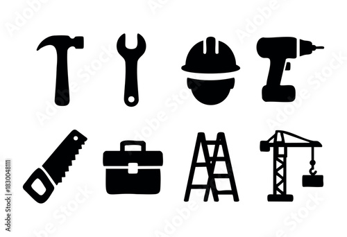 Construction and work tools solid icons — hammer, wrench, hard hat, drill, crane — stock vector.