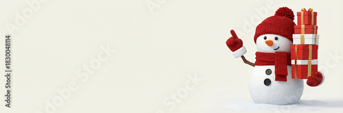 A cute 3D snowman character wearing a red hat and scarf holds Christmas gifts and points a finger up at the empty copy space on a light background.