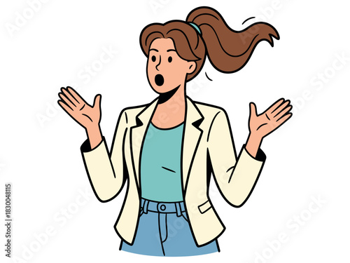 A surprised woman with her hands up in disbelief and an open mouth expresses shock and astonishment.