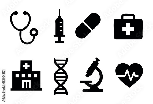 Medical and healthcare solid icons — stethoscope, syringe, pill, hospital, DNA — stock vector.