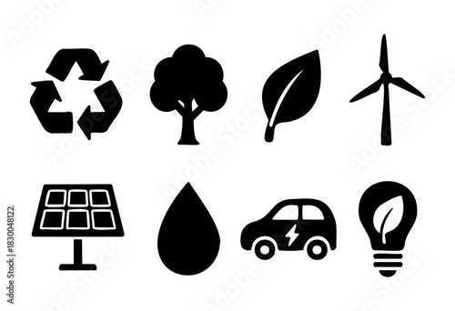 Ecology and green energy solid icons — recycle, wind turbine, solar panel, electric car — stock vector.