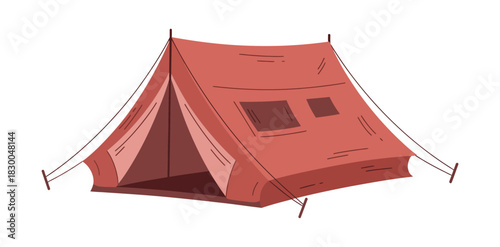 A red canvas tent is set up for camping with an open entrance and two windows.