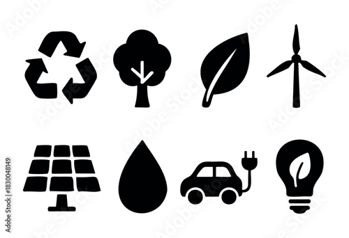 Ecology and green energy solid icons — recycle, wind turbine, solar panel, electric car — stock vector.