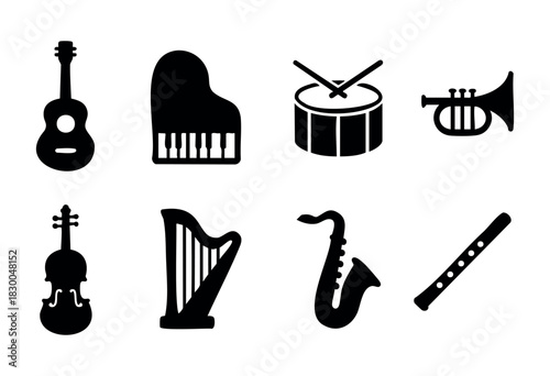 Musical instruments solid icons — guitar, piano, drum, violin, saxophone — stock vector.