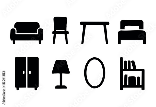 Home furniture and interior solid icons — sofa, chair, table, bed, lamp — stock vector.