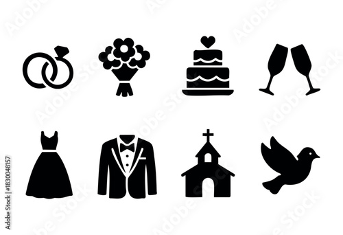Wedding ceremony solid icons — rings, bouquet, cake, dress, suit — stock vector.