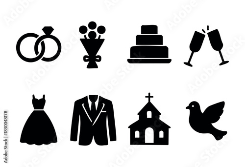 Wedding ceremony solid icons — rings, bouquet, cake, dress, suit — stock vector.
